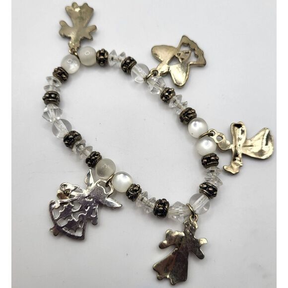 Christmas Angel Beaded Bracelet TIger's Eye Enamel Charms 8in - Picture 2 of 2